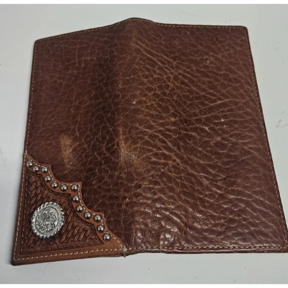 Men's cowboy chrome brown leather rodeo style wallet silver concho